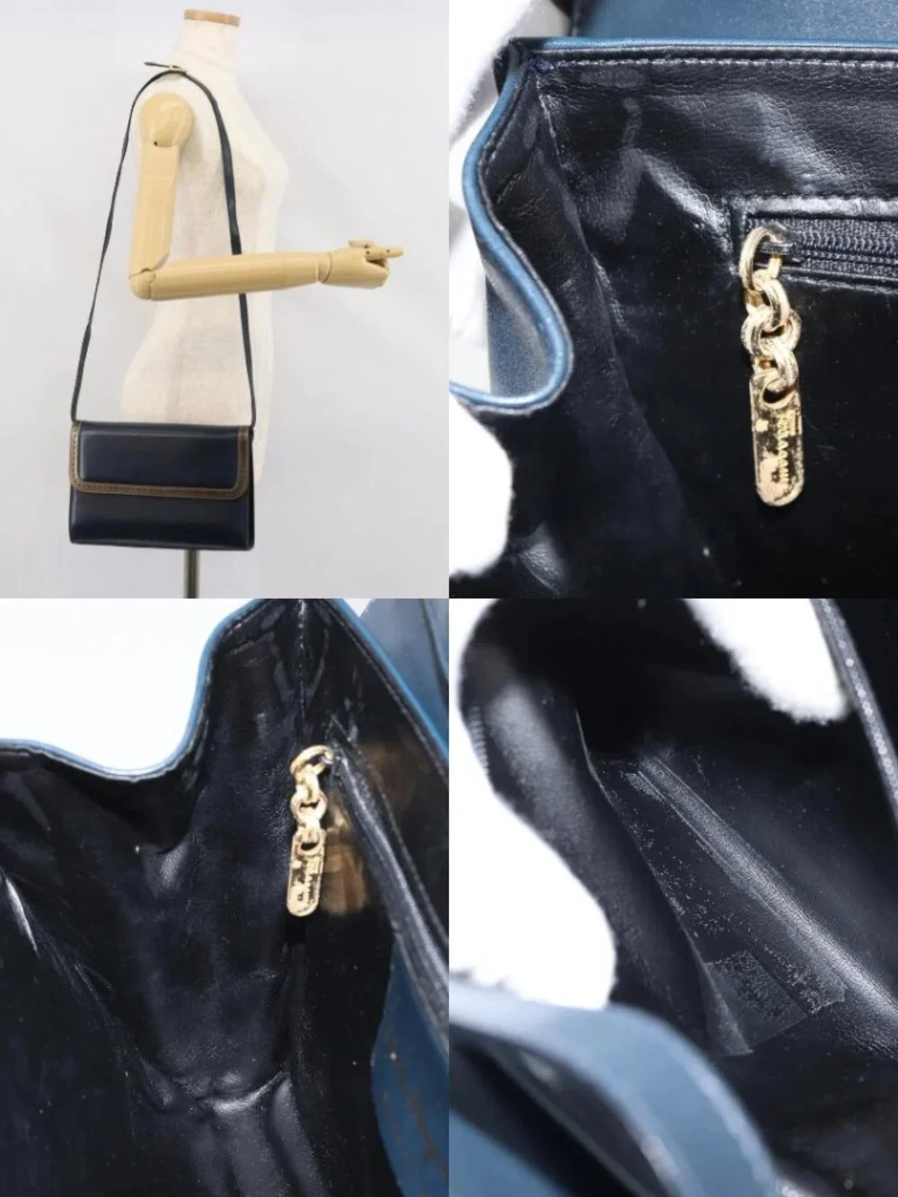Salvatore Ferragamo Shoulder Bag Leather Navy Gold Auth 166744